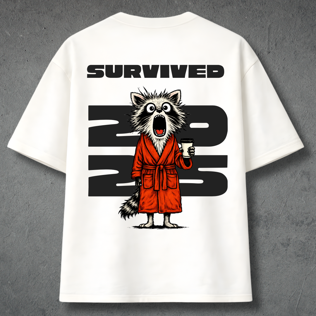 Oversized 240 GSM cotton T-shirt with Survived 2025 graphic – Absolutely Nothing